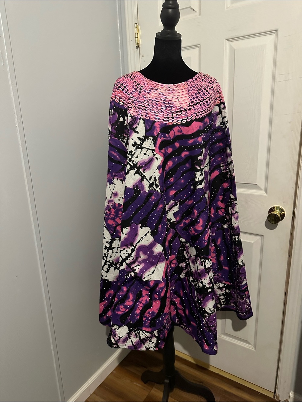 Vibrant Adire African Bubu Agbada Maxi Gown Pink & Purple Abstract Print
